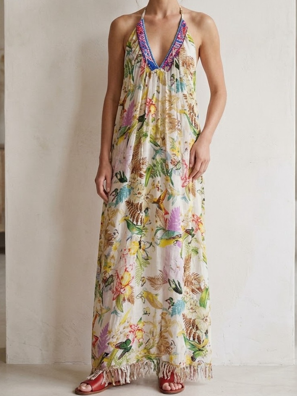Tropical Halter Maxi Cover-Up in Cream with Multicolor Trim